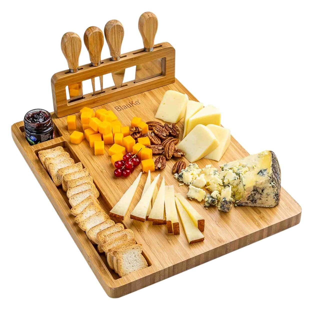 Blauke Bamboo Cheese Board Set 14X11 Inch Charcuterie Board With 4 Knives