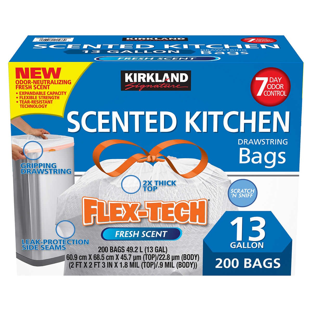 Kirkland Signature Flex-Tech 13-Gallon Scented Kitchen Trash Bags,  200-count