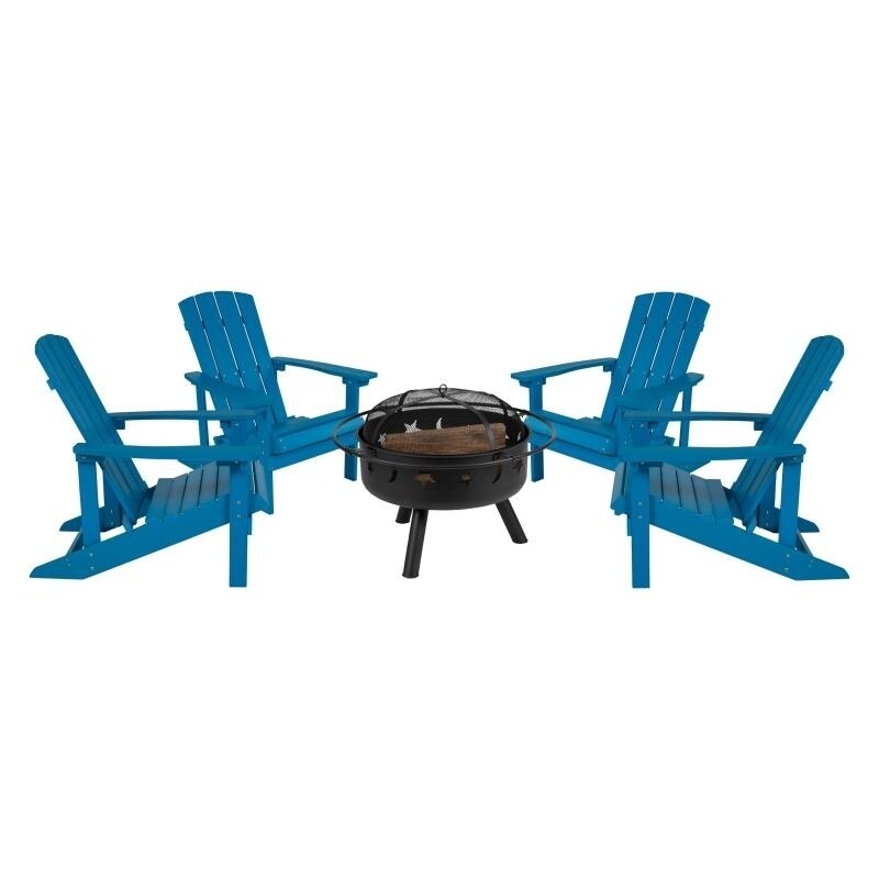 Flash Furniture 5 Piece Charlestown Blue Poly Resin Wood Adirondack Chair Set with Fire Pit - Star and Moon Fire Pit with Mesh Cover