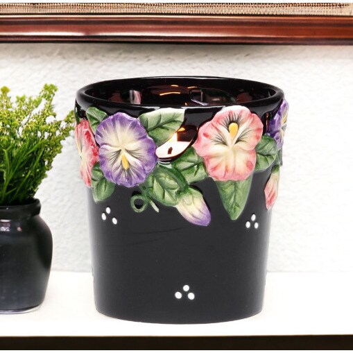 Ceramic Black Votive Candle Holder Pansy Flower 2 X 2.5 Inch Gift