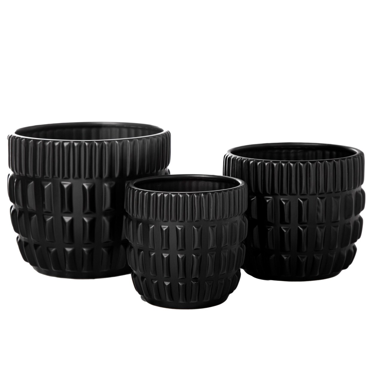 Urban Trends Collection Ceramic Round Pot with Banded Top and Embossed Broken Line Pattern Design Body and Tapered Bottom Set of Three Matte