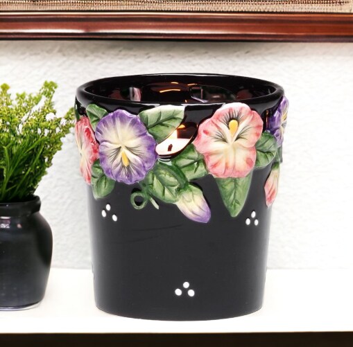 Ceramic Pansy Flower Black Votive Candle Holder with Glass Cup, Home D&#xE9;cor, Gift for Her, Gift for Mom, Kitchen D&#xE9;cor, Bathroom Decor