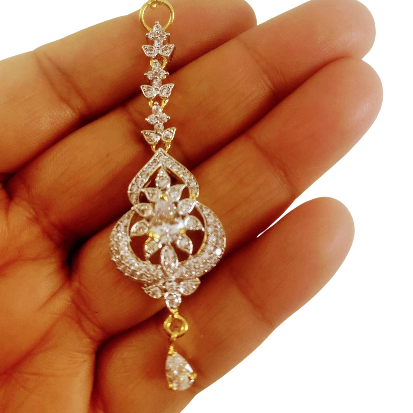 1 Ct Small American Diamond Maang Tikka, Maang Tikka, Gold Plated Maang Tika, Pakistani Jewelry, Jhoomer, Matha Patti, Indian Forehead Jewelry