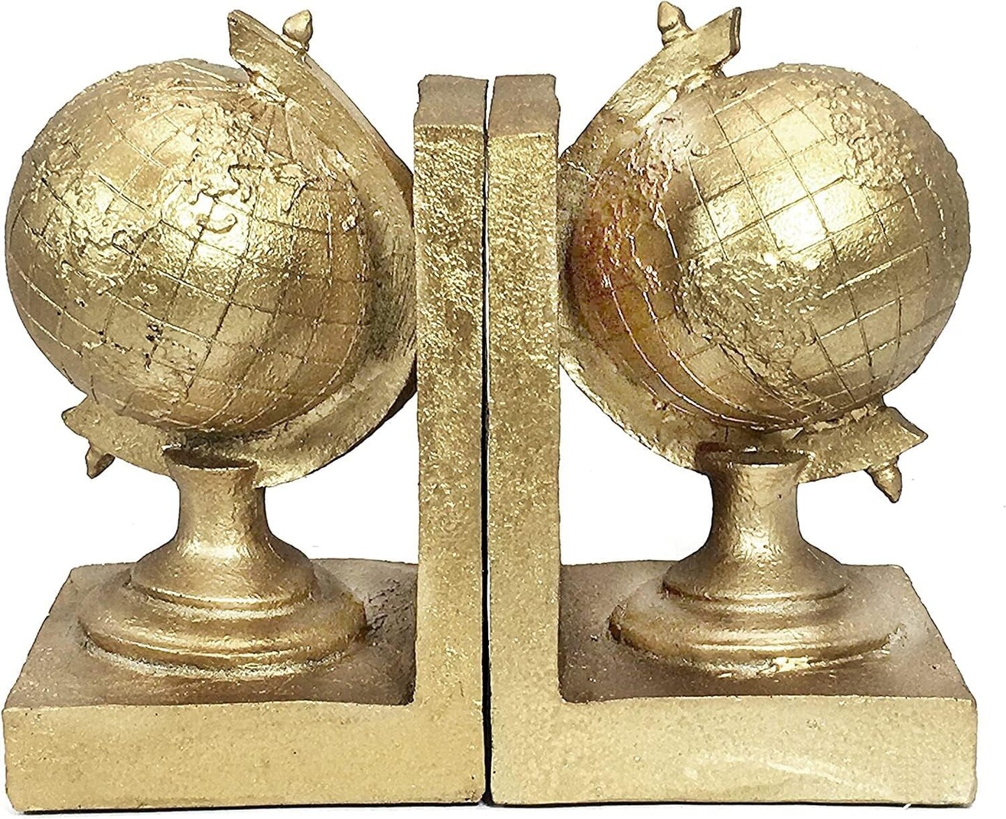 Vintage Globe Bookends Decorative Tellurion Antiques Unique Old World Map Rustic Nonskid Book Ends Desk Bookshelf Shelves Stoppers Holder Farmhouse Boho Decor Gold