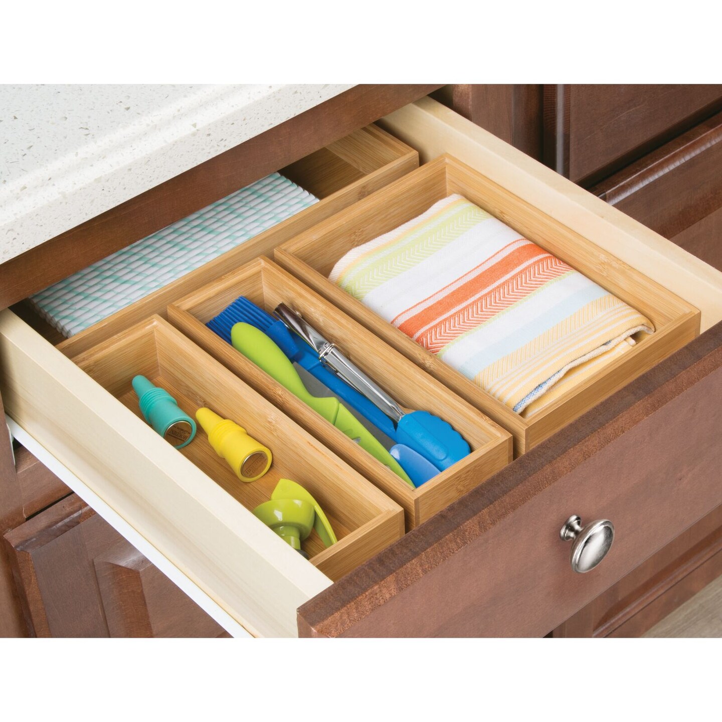 mDesign Stackable Kitchen Bamboo Drawer Organizer, Natural Wood