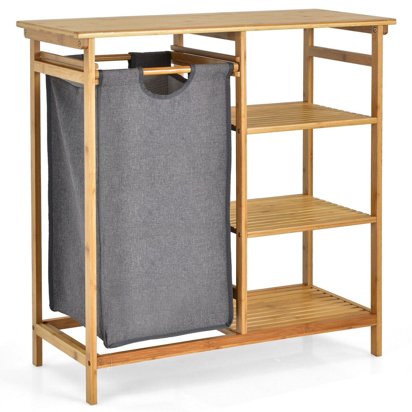 Wicker Laundry Hamper with 3-Tier Shelves and Pull-Out Bag Natural