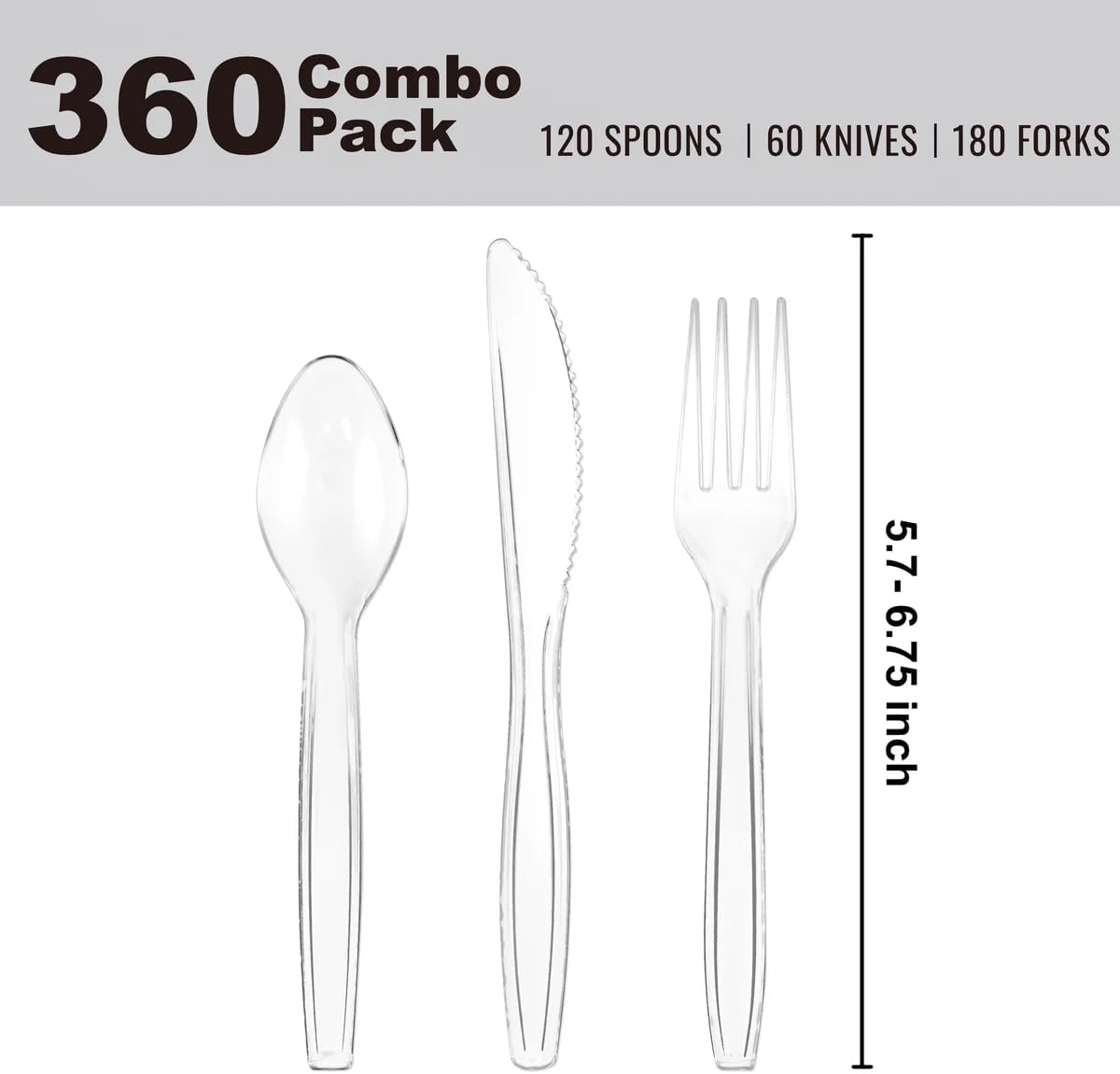 Clear Disposable Cutlery set - 360 Pieces: 180 Forks, 120 Spoons, 60 Knives