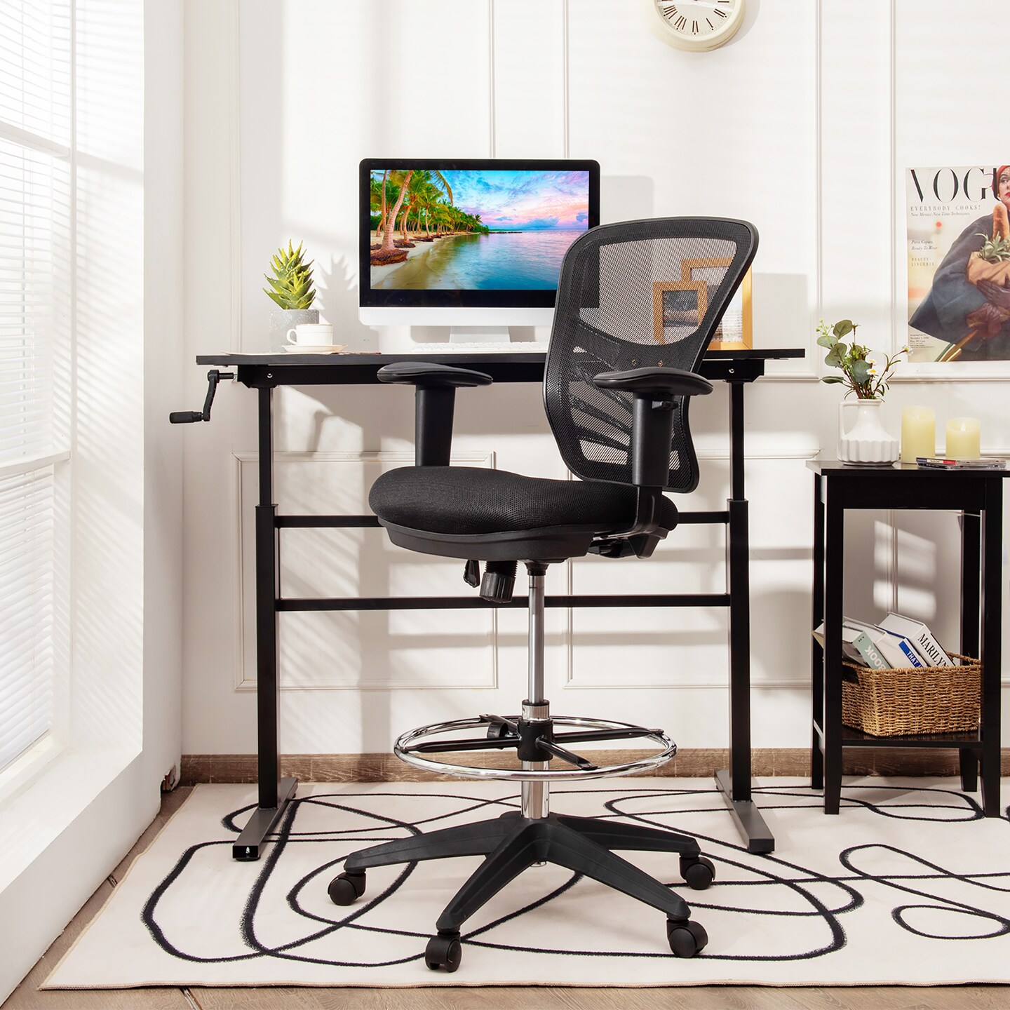 Costway Mesh Drafting Chair Office Chair w/Adjustable Armrests &#x26; Foot-Ring
