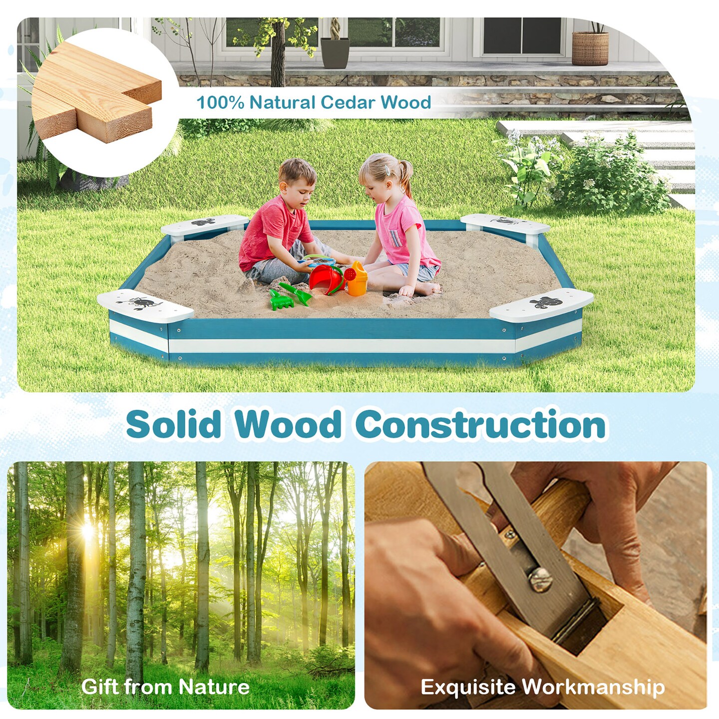 Costway Outdoor Wooden Sandbox with Animal Patterns Seats Backyard Bottomless Sandpit