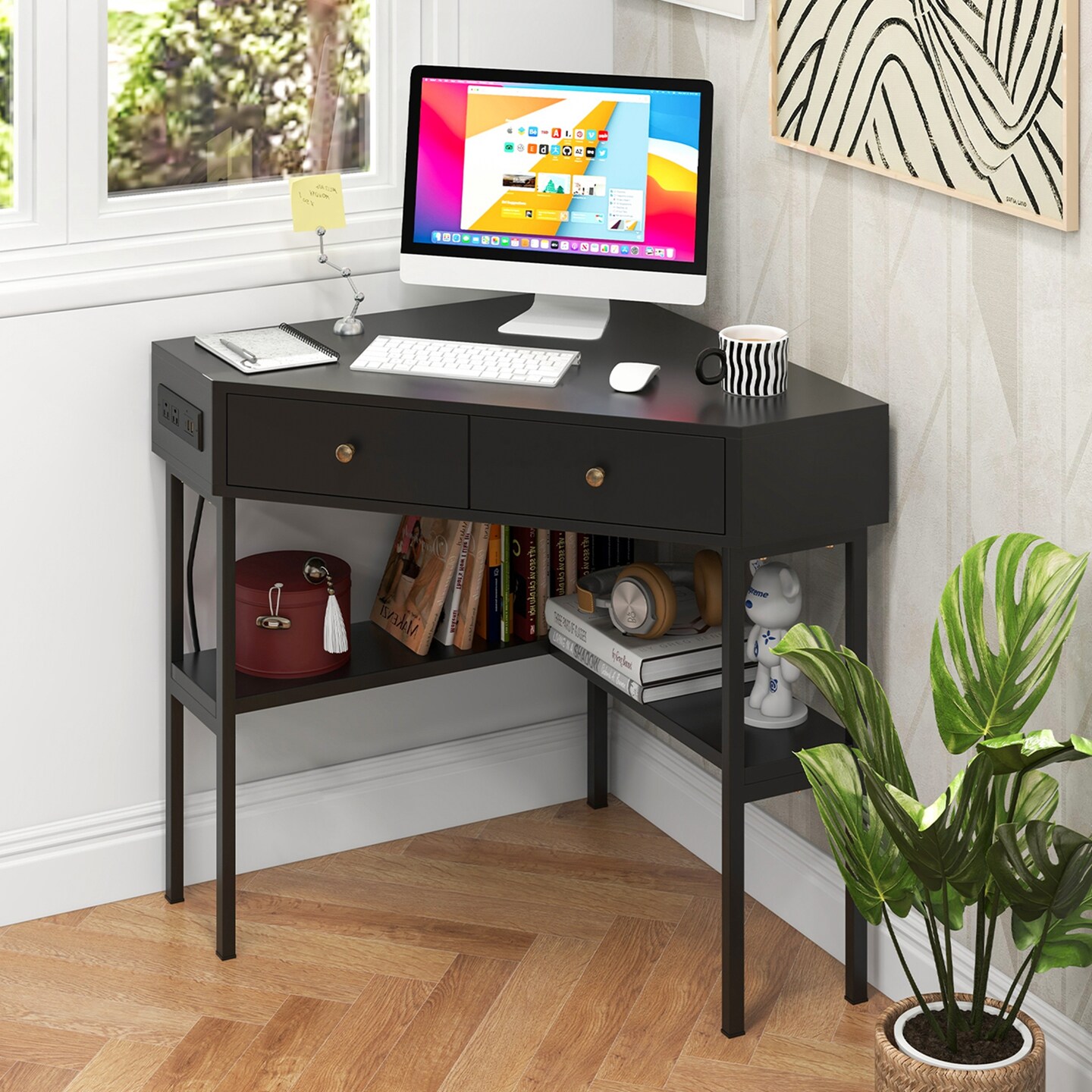 Costway Corner Computer Desk Writing Workstation Study Desk w/ 2 Drawers White\Black\Gold