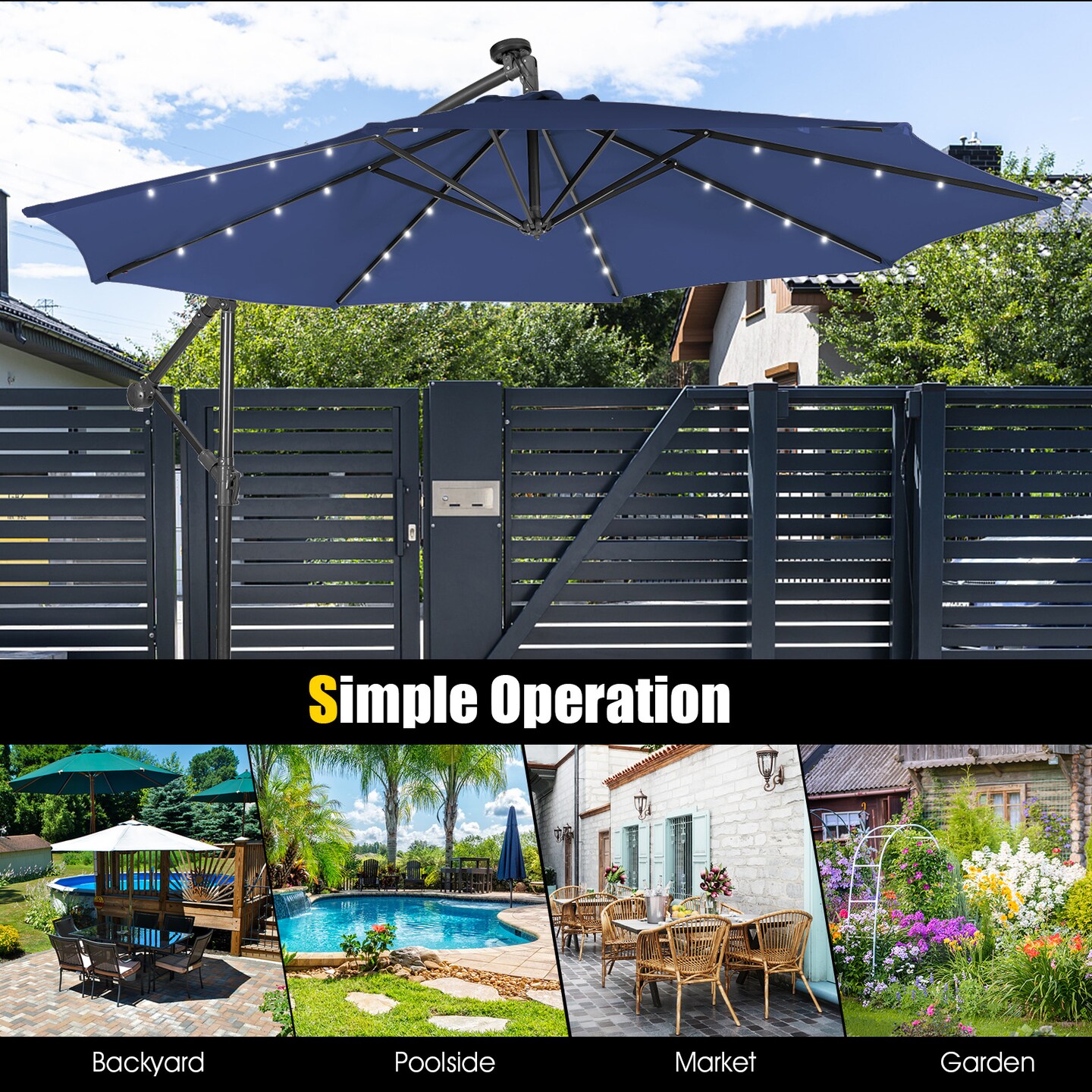 10 Feet Patio Solar Powered Cantilever Umbrella with Tilting System