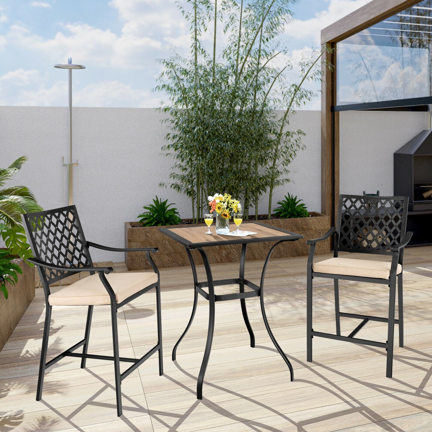 Black Natural Bar Table 36.5 Inch Steel Frame Square Indoor Outdoor