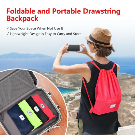 Drawstring Backpack String Bag Foldable Sports Sack with Zipper Pocket