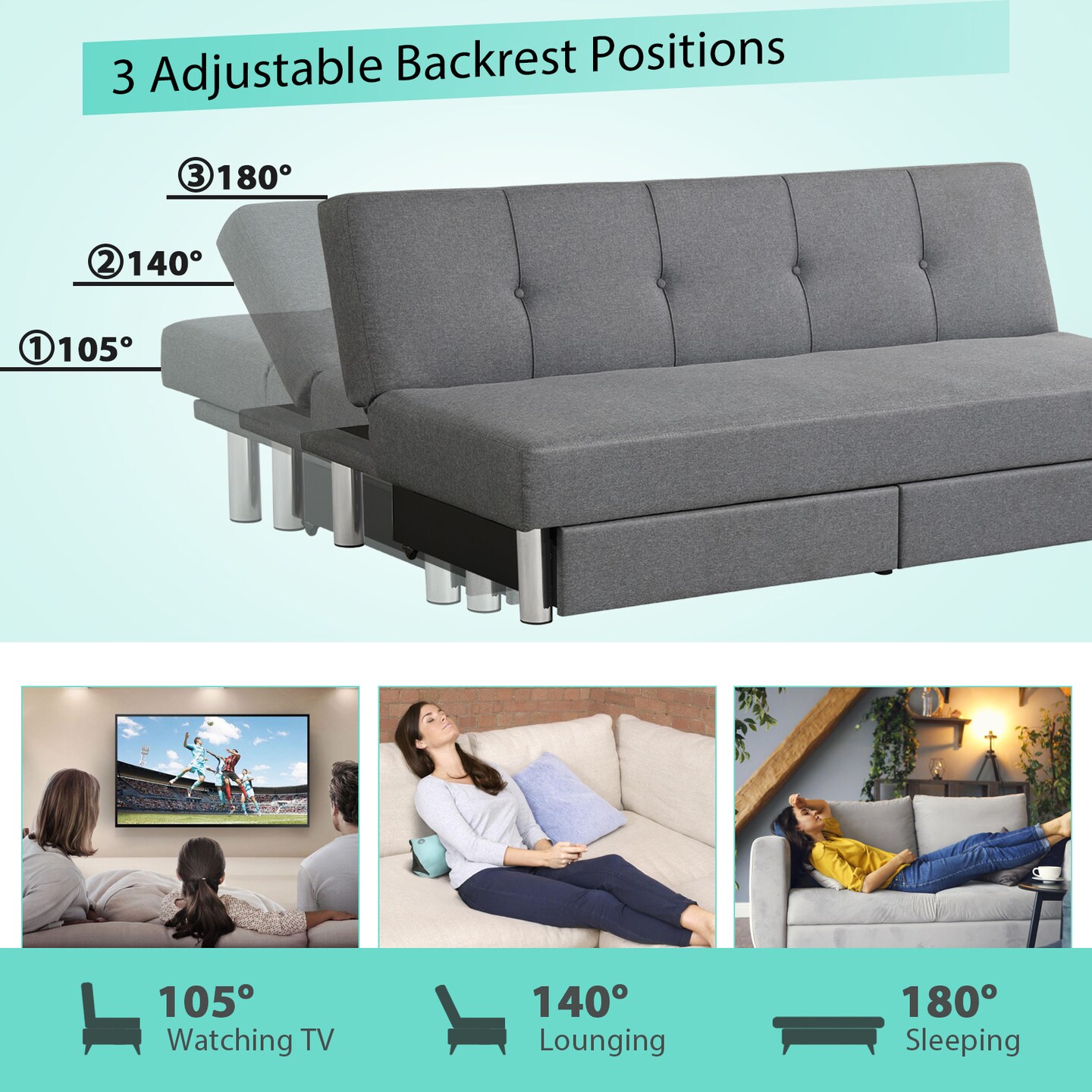 Convertible Futon Sofa Bed Adjustable Couch Sleeper with Two Drawers Grey