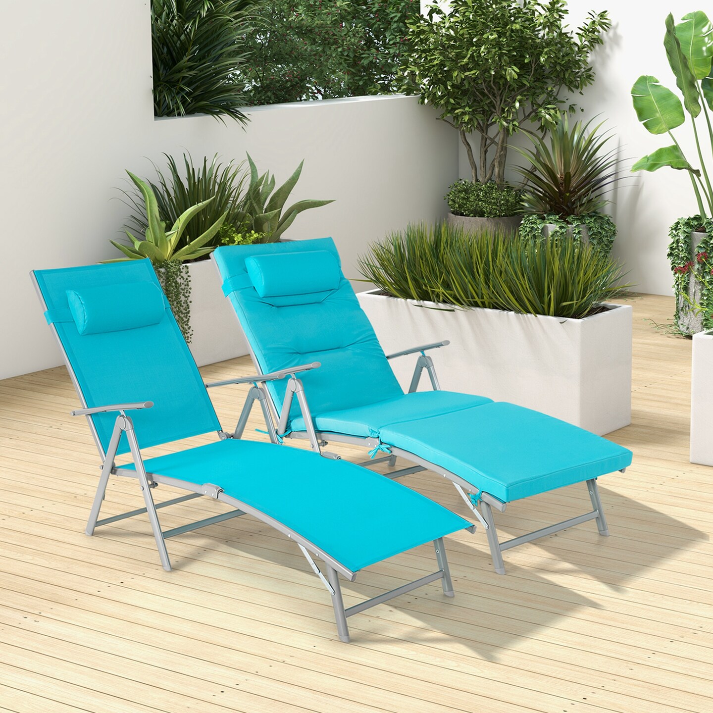Costway Outdoor Folding Chaise Lounge Chair Recliner Cushion Pillow Adjustable Turquoise