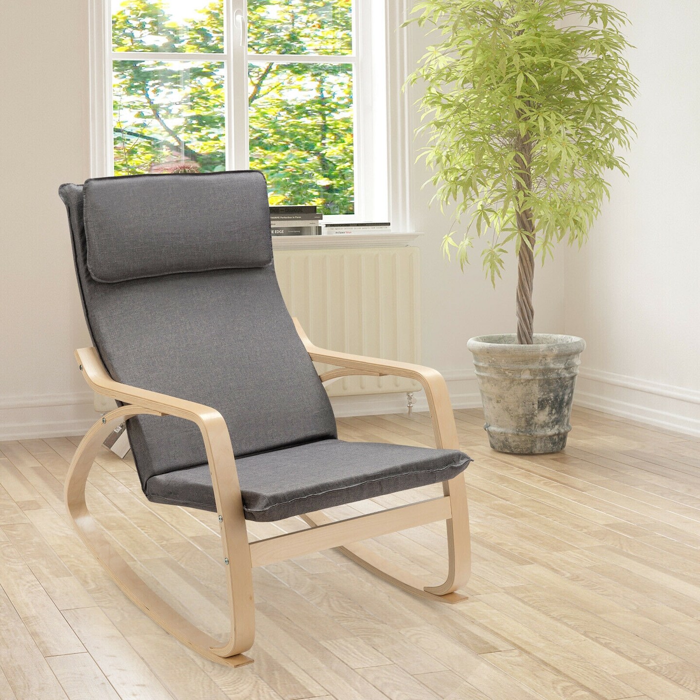 Modern Bentwood Rocking Chair Fabric Upholstered Relax Rocker Lounge Chair
