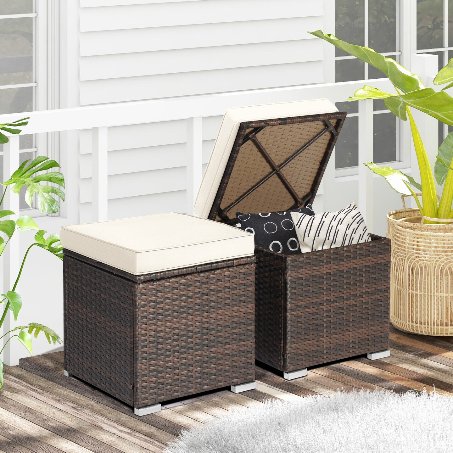 2 Pieces Patio Storage Ottoman with Removable and Washable Cushions