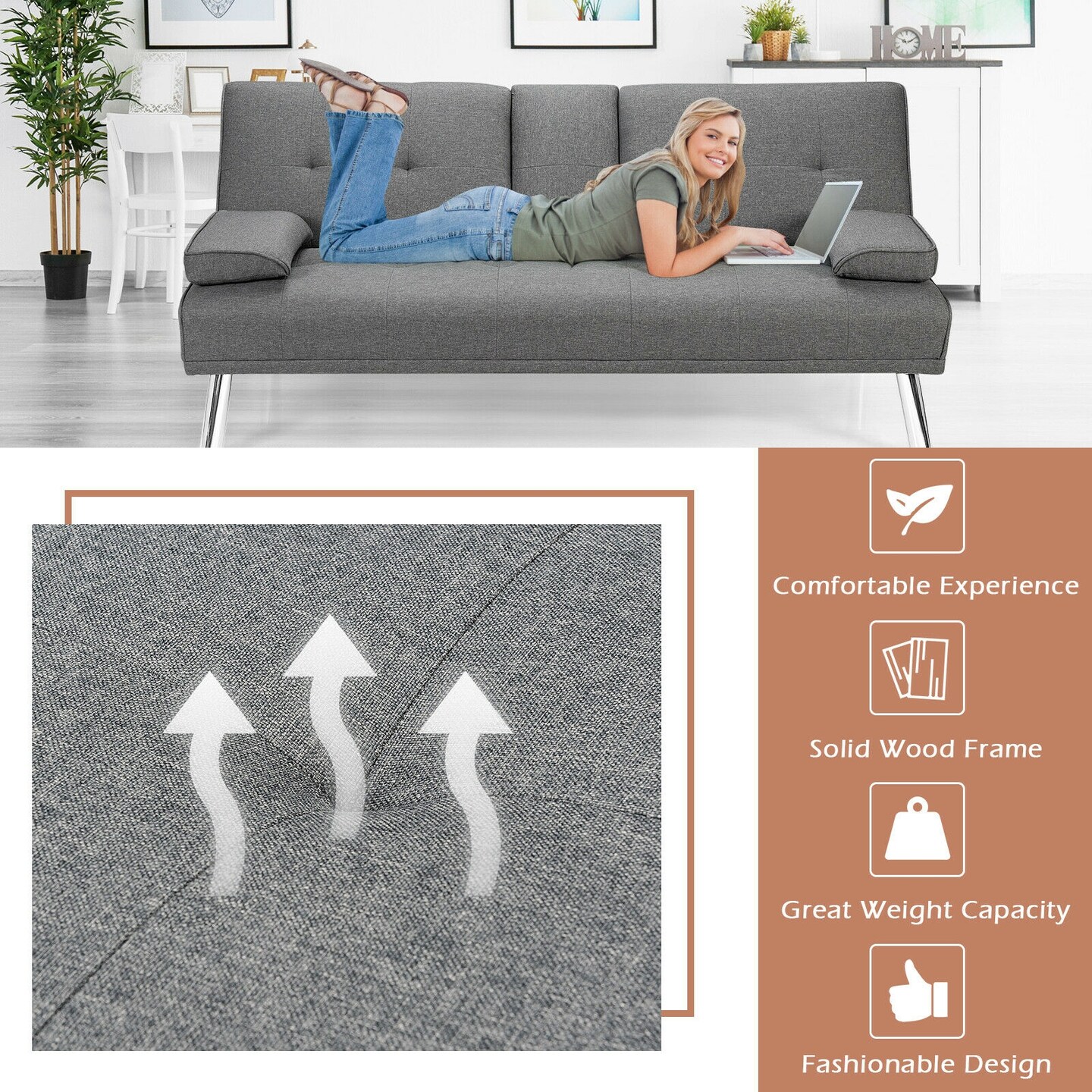 Convertible Folding Futon Sofa Bed Fabric with 2 Cup Holders