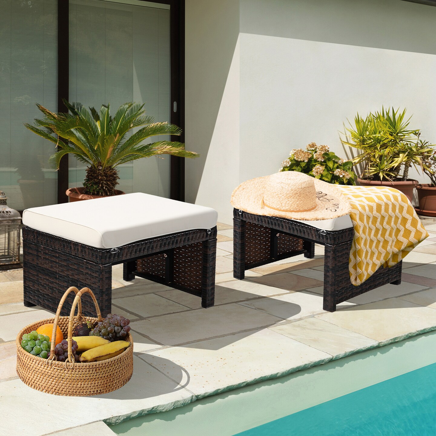 2 Pieces Patio Rattan Ottomans With Soft Cushion For Patio and Garden