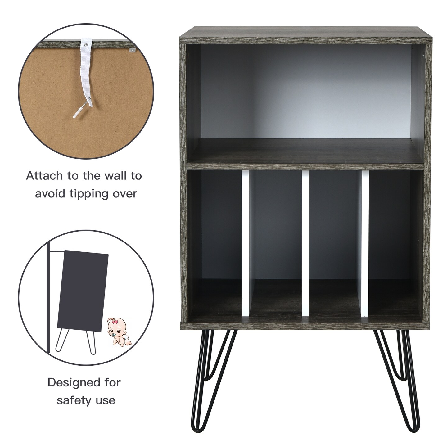 Freestanding Record Player Stand Record Storage Cabinet with Metal Legs