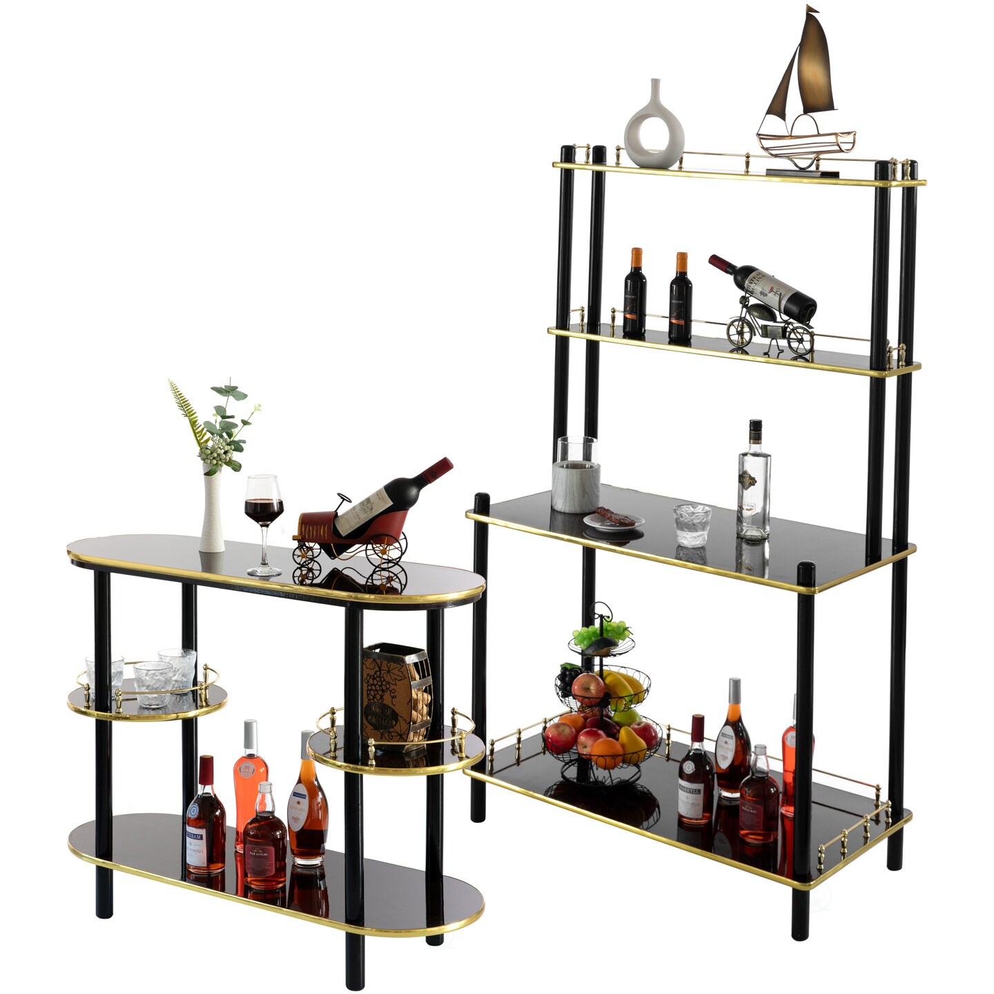 Set of 2 Pieces, Bartender Serving Display Station, Bar Console Working Counter with Open Shelves, Bar Console Island with Tier Shelves for Glass and Bottles, Wood