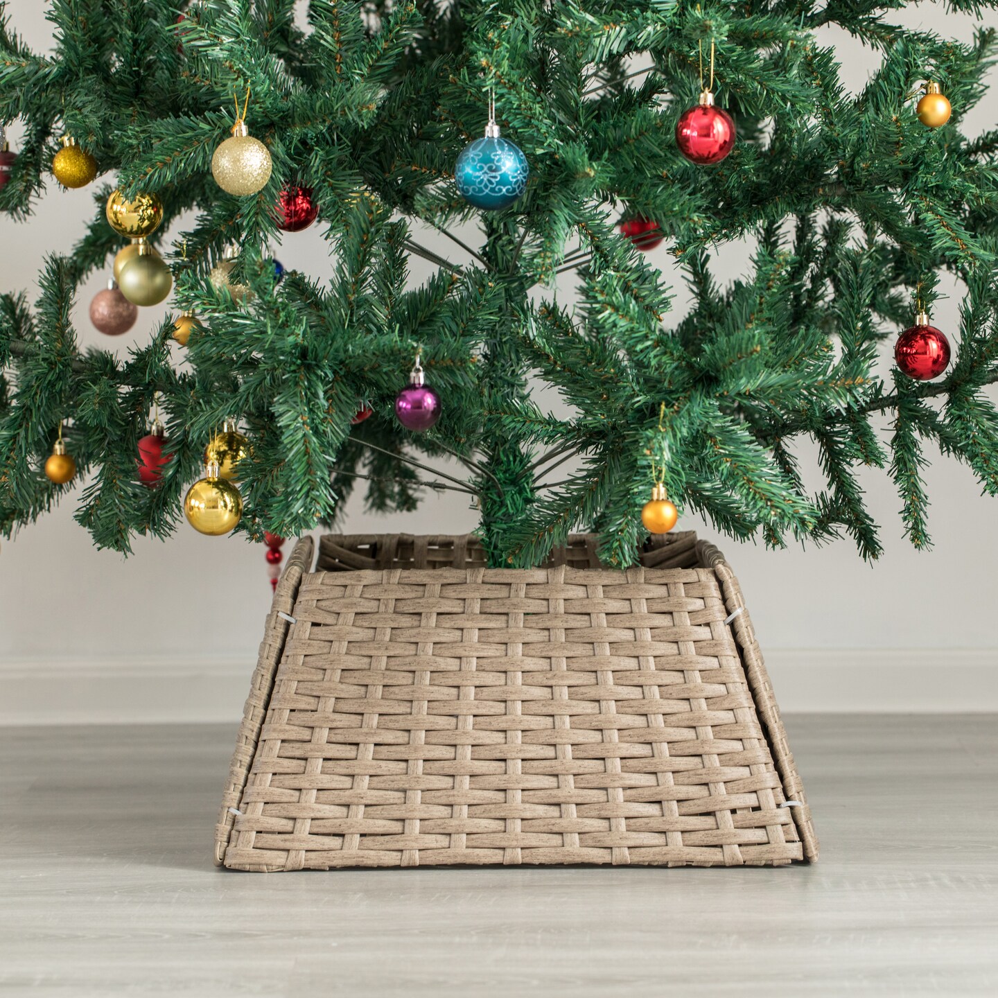 Foldable Christmas Tree Skirt Collar Basket, Ring Base Stand Cover, Rattan Plastic