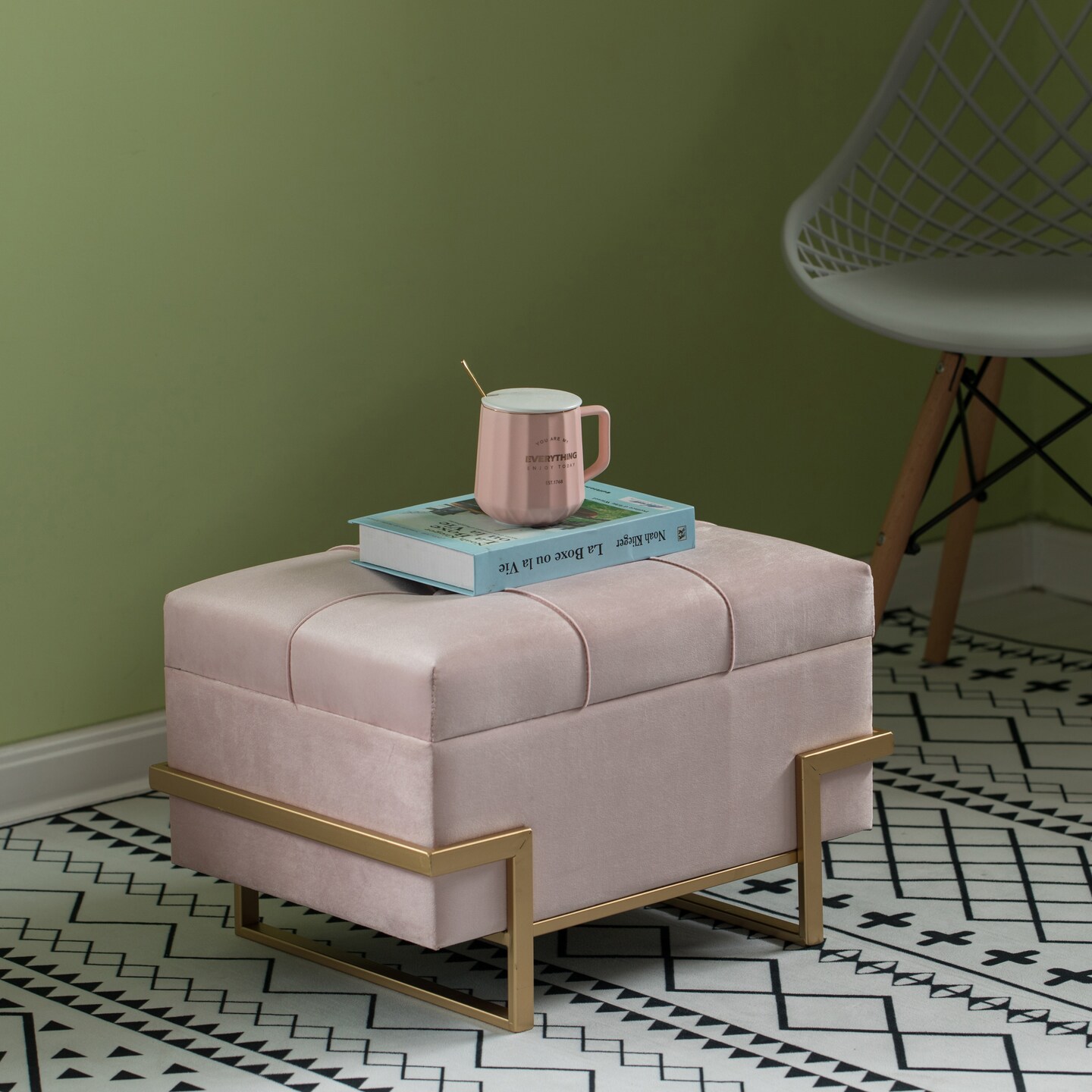 Rectangle Velvet Storage Ottoman Stool Box with Abstract Golden Legs | Decorative Sitting Bench for Living Room Home Decor with Unique Base Support