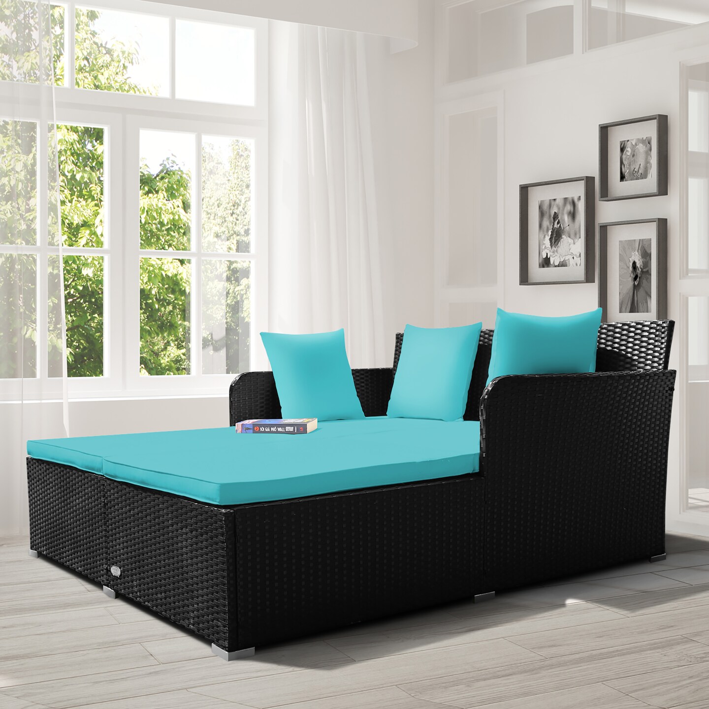 Costway Outdoor Patio Rattan Daybed Pillows Cushioned Sofa Furniture Beige/Turquoise/Red/Black