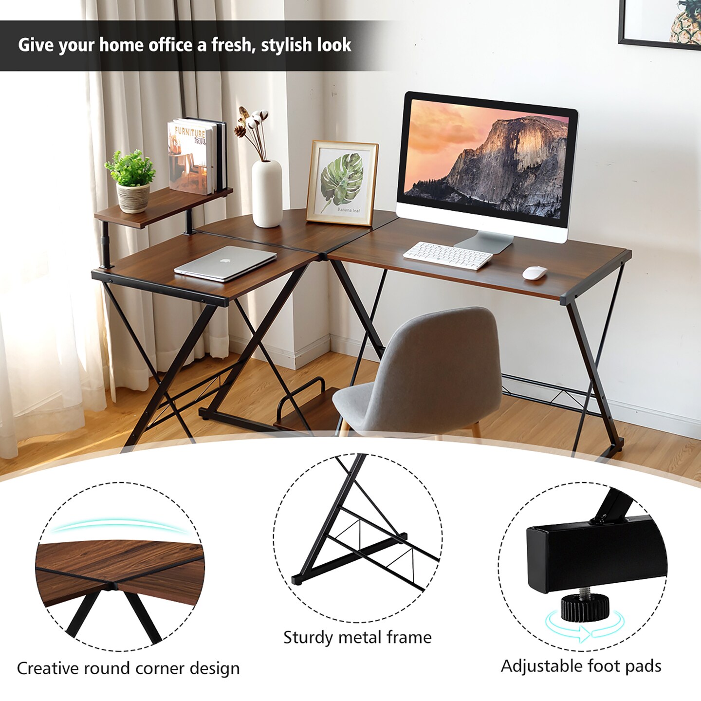 Costway 58&#x27;&#x27; x 44&#x27;&#x27; L-Shaped Computer Gaming Desk w/ Monitor Stand &#x26; Host Tray Home Office