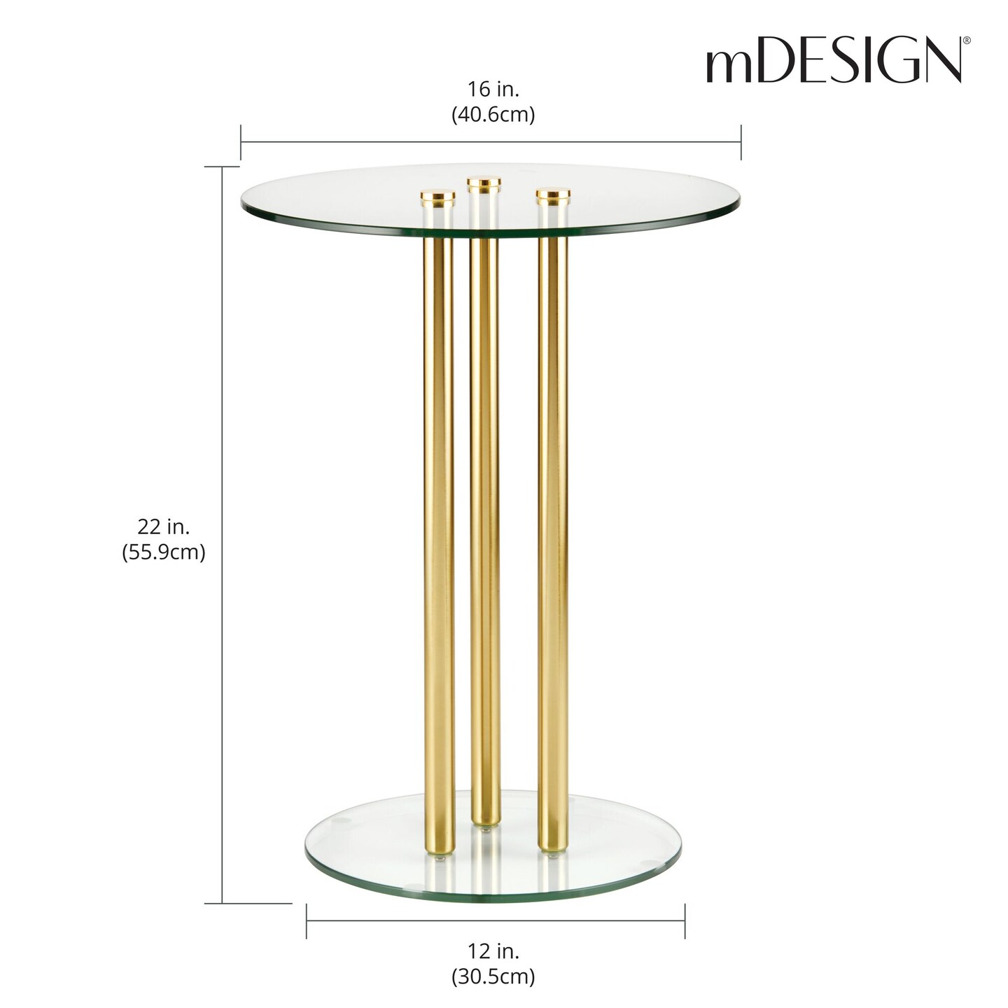 mDesign Metal and Glass Top 16" Round Accent Side/End Drink Table - Clear/Brass