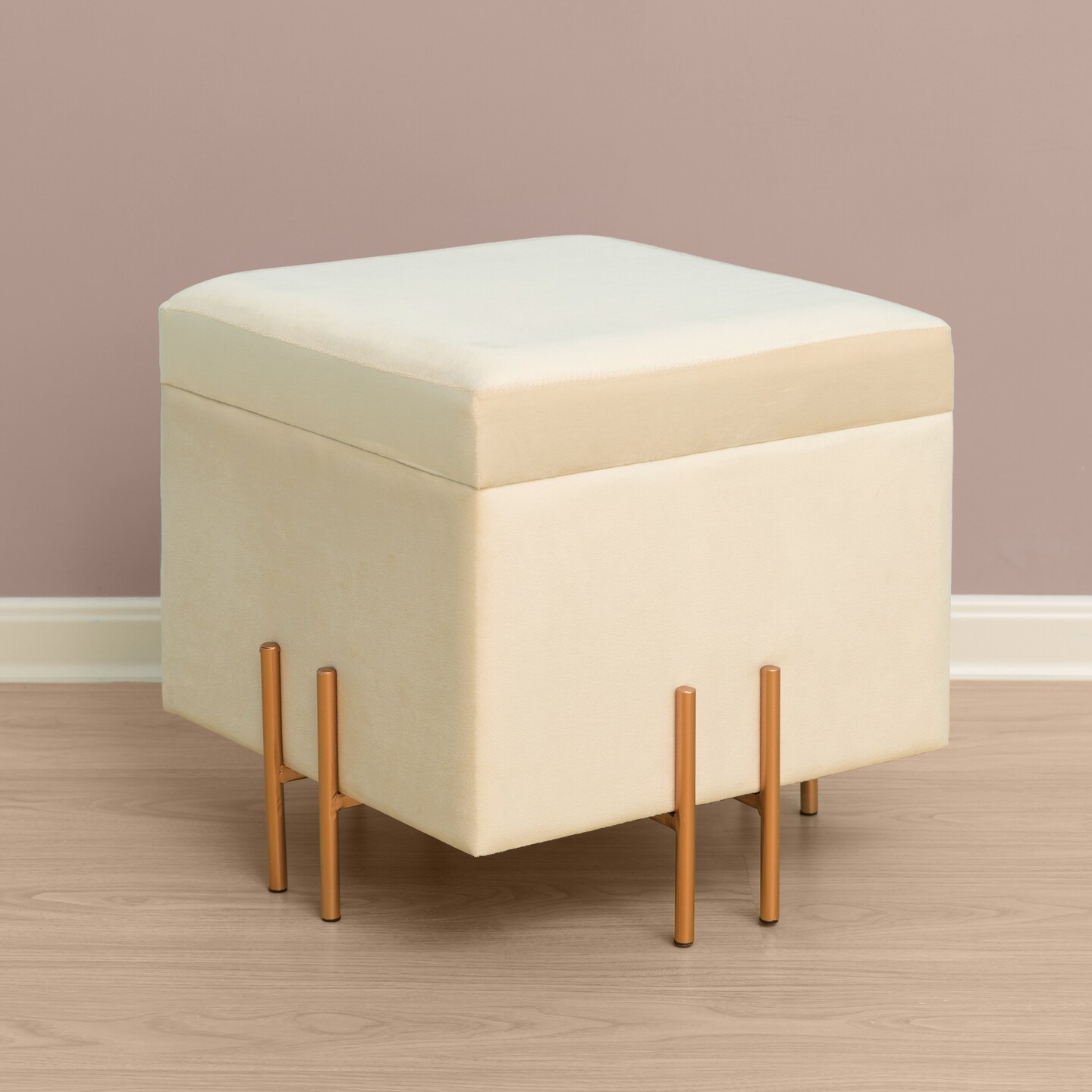 Square Velvet Storage Ottoman with Rose Gold Legs