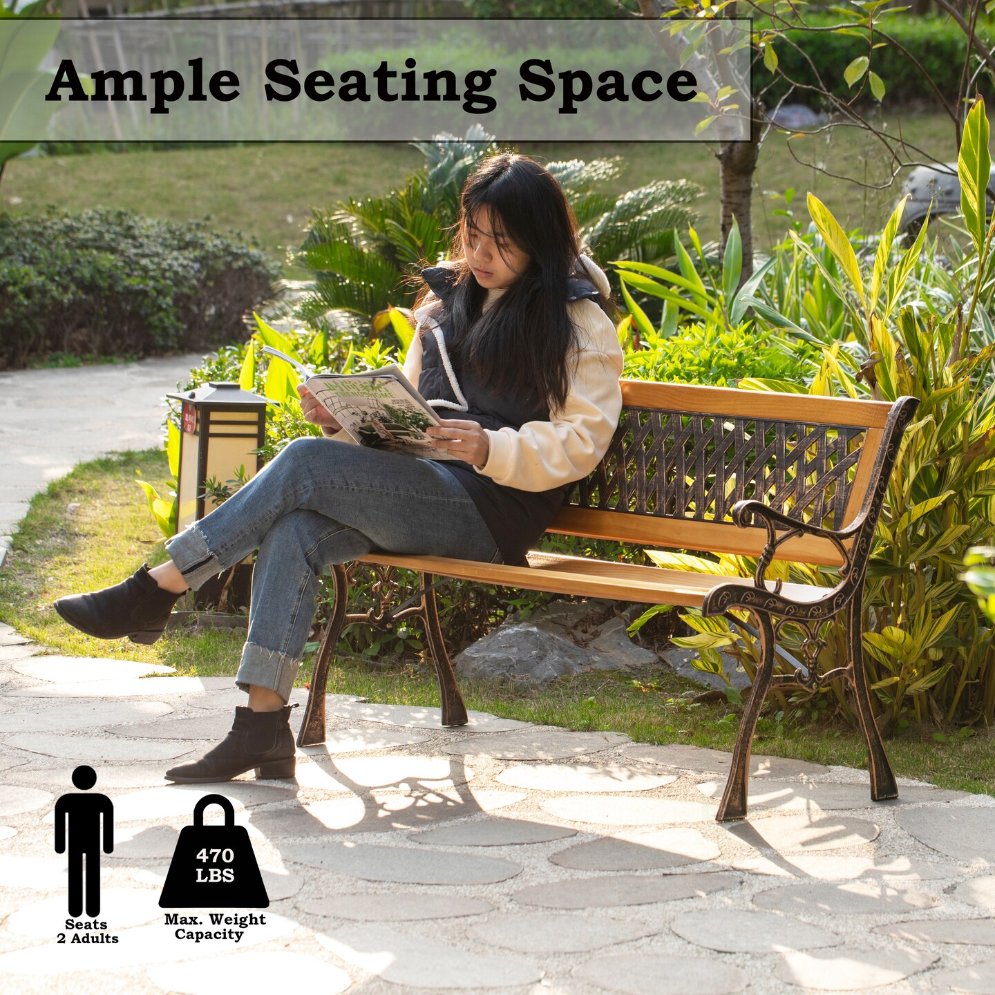 Outdoor Classical Wooden Slated Park Bench, Steel frame Seating Bench for Yard, Patio, Garden, Balcony, and Deck