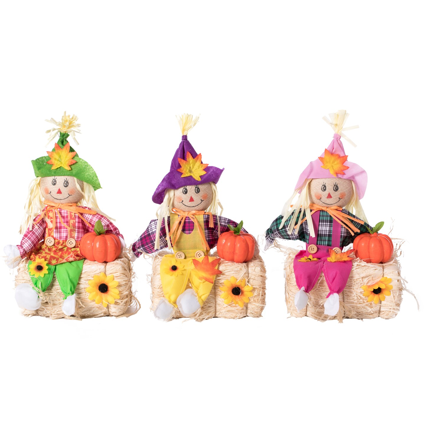 Gardenised 18 Inch Sitting on Straw and Hay Bales Multicolor Trio Scarecrows for Halloween, Fall and All Time Season Garden Decor, Perfect to Add a Festive Touch to Your Lawn