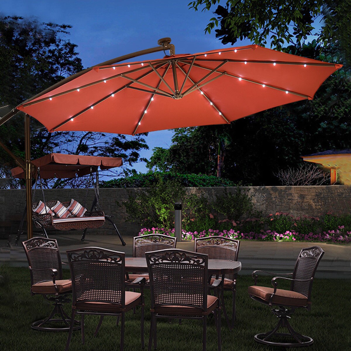 Costway 10' Hanging Solar LED Umbrella Patio Sun Shade Offset Market