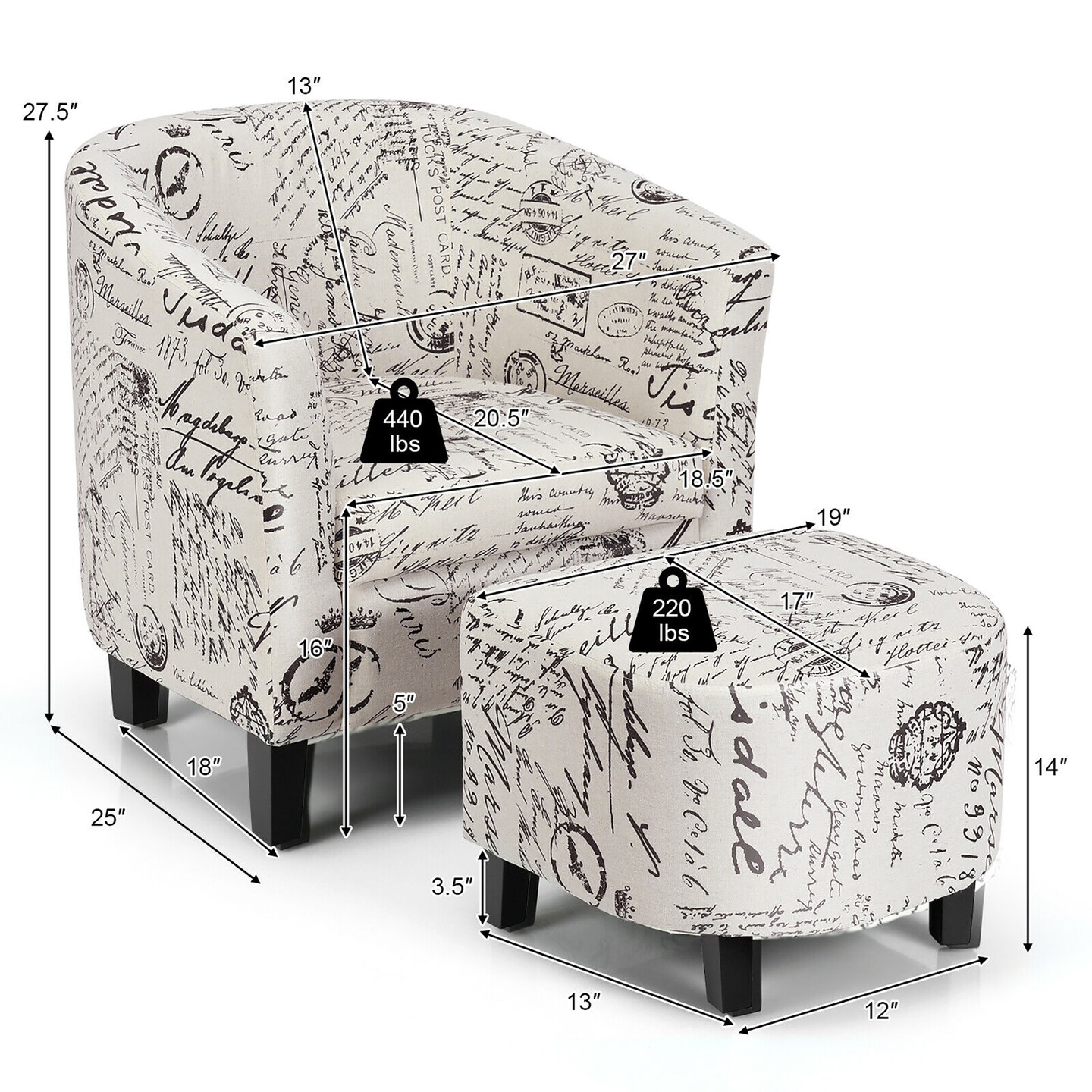 Costway Barrel Accent Chair Tub Chair Linen Fabric Upholstered w/Ottoman Modern Beige