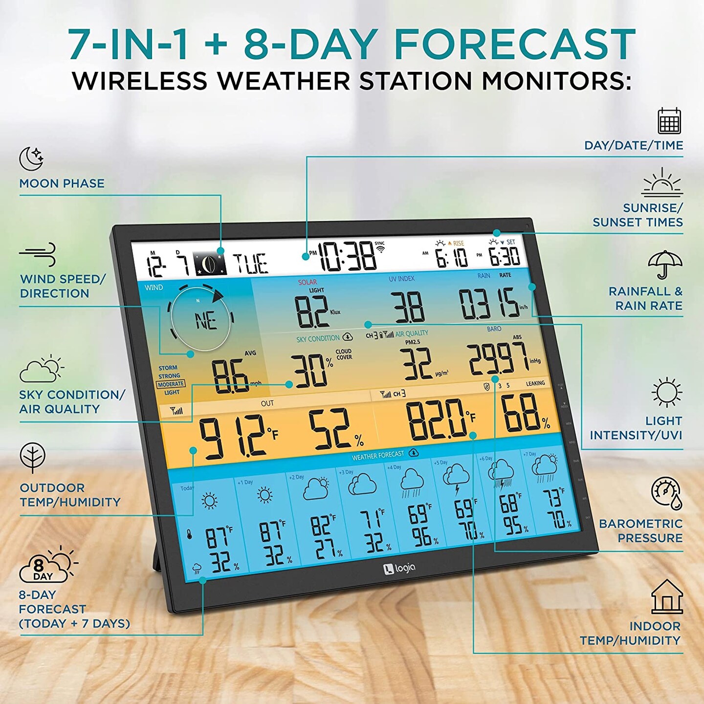 Logia 7-in-1 Wireless Weather Station 19&#x22; with 8-Day Forecast