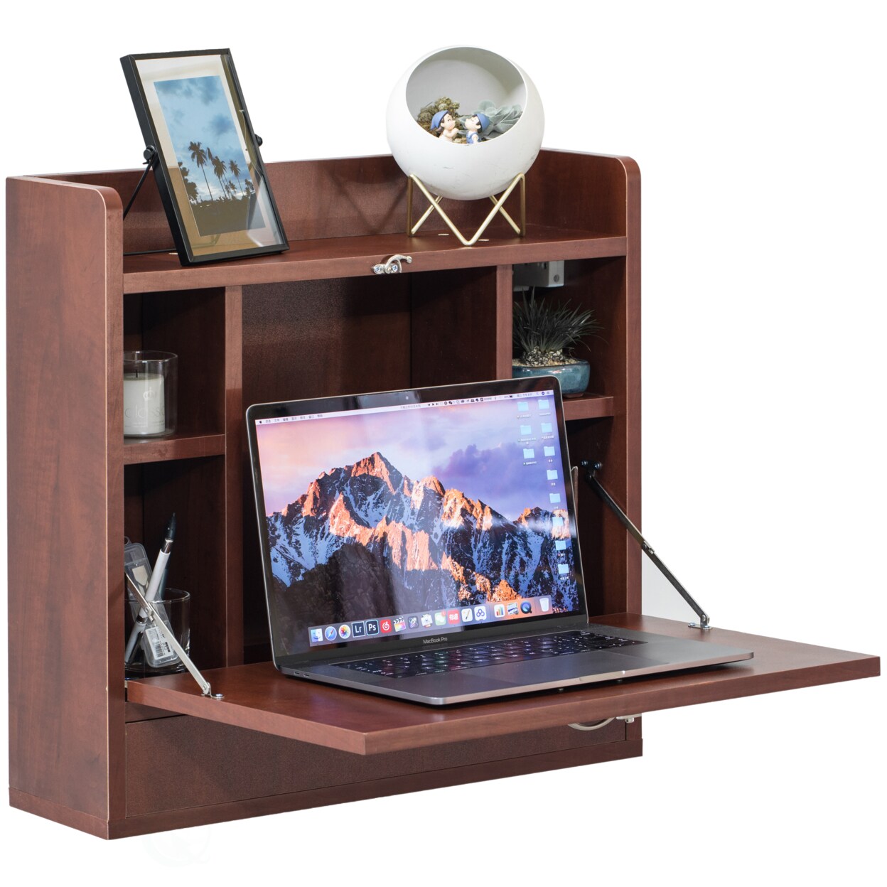Wall Mount Folding Laptop Desk With Storage Shelves And Drawer Space Saver 6.75"W