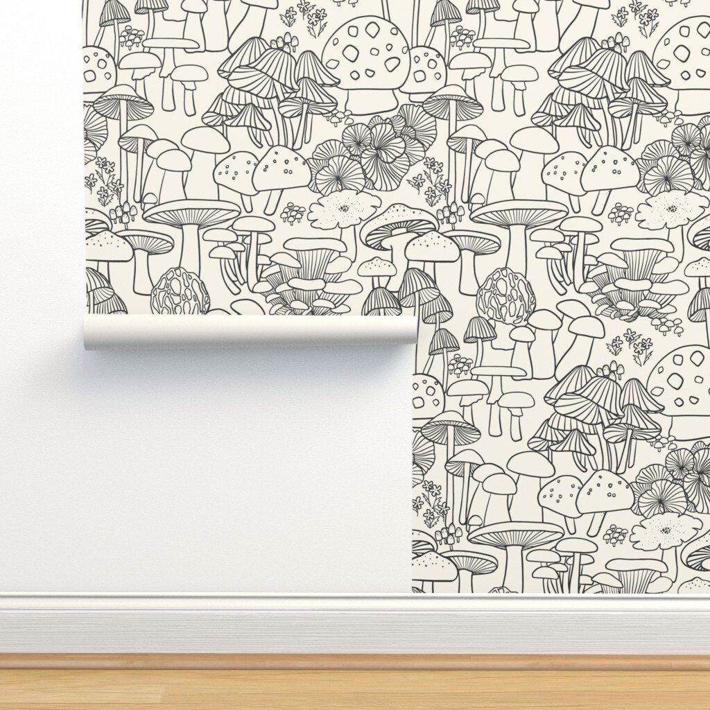 Black Mushroom Pen And Ink Forest Nature Woodland Fauna Mycology Sketch Hand Drawn Large Scale Custom Pre-pasted Wallpaper by Spoonflower Pre-Pasted Wallpaper 2FT Wide