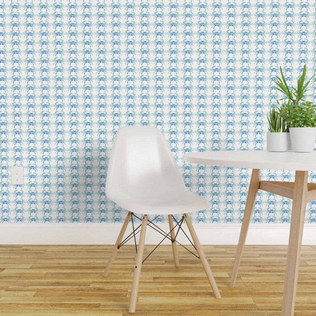 Peel &#x26; Stick Wallpaper 2FT Wide Blue Watercolor Crab Small Abstract Coastal Beach Whimsical Sand Ocean Creatures Scale Custom Removable Wallpaper by Spoonflower