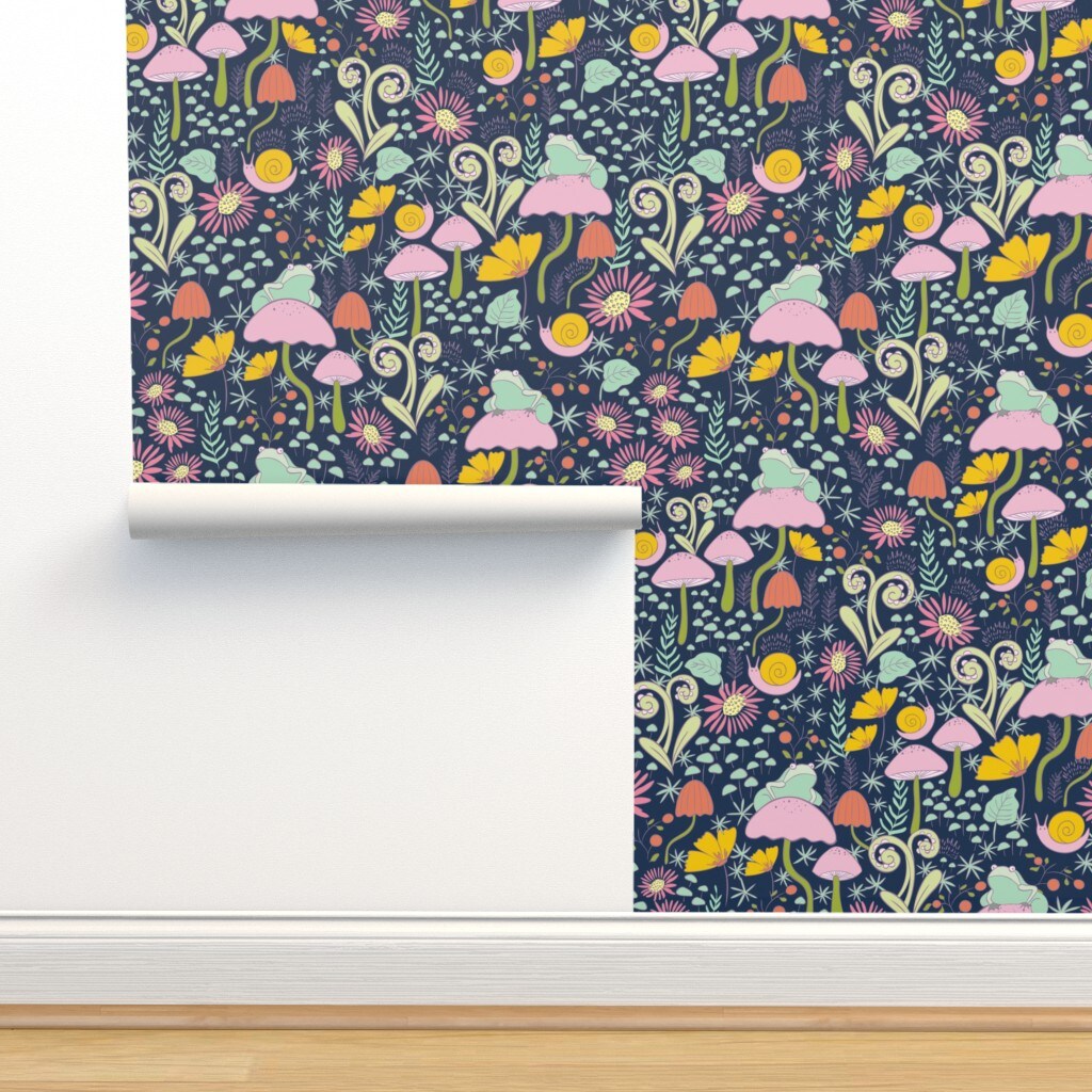Whimsical Forest Blue Snails Frogs Mushrooms Small Scale Custom Removable Wallpaper by Spoonflower Peel & Stick Wallpaper 2FT Wide