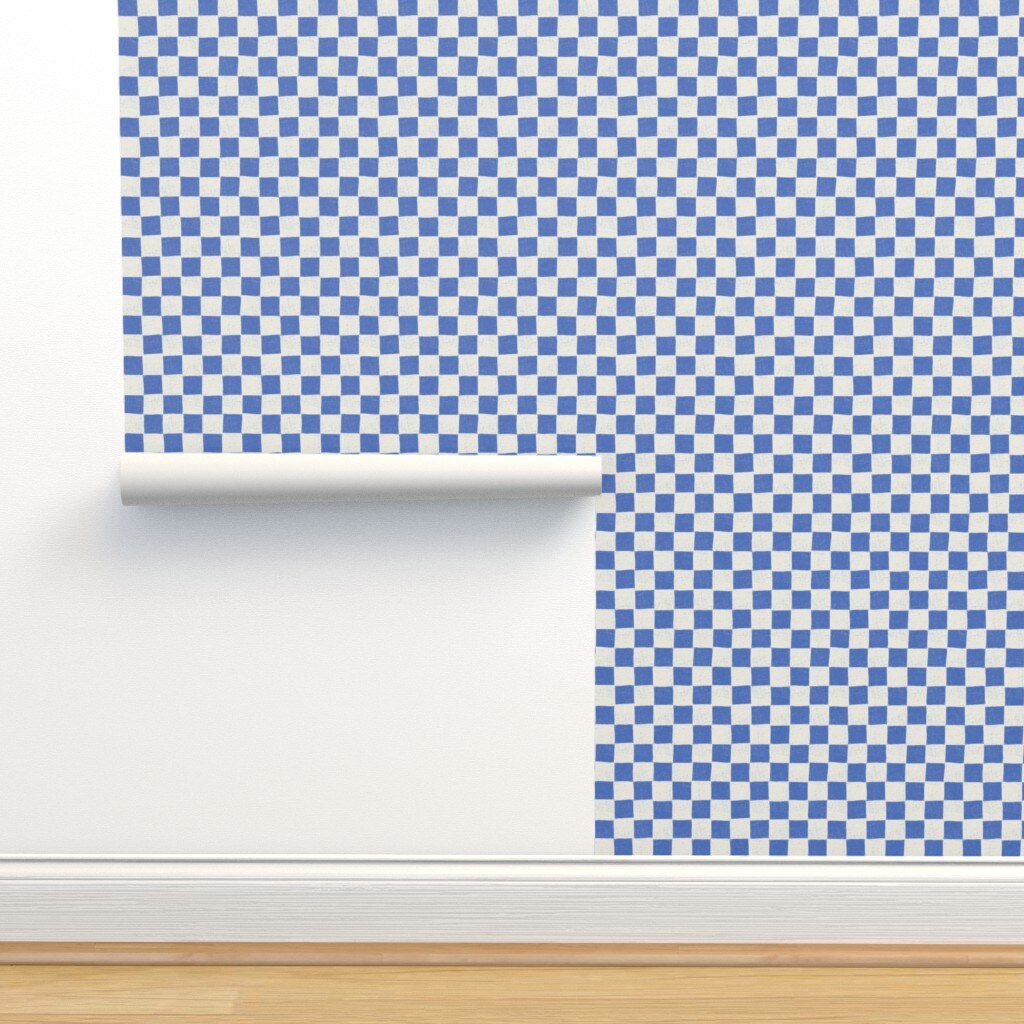 Blue Geometric Hand-Drawn Stamp Checkered Checks Block Print Medium Scale Race Rally Finish Flag Custom Removable Wallpaper by Spoonflower Peel & Stick Wallpaper 2FT Wide