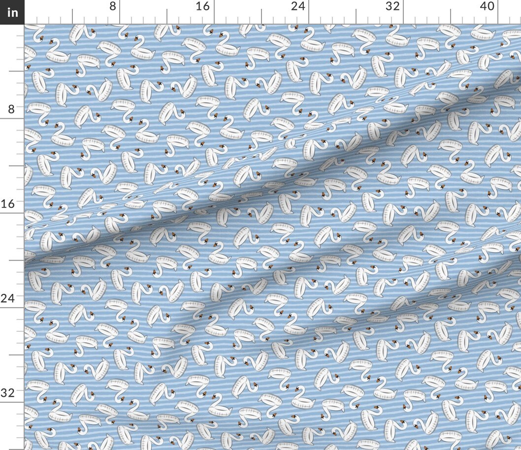 Whimsical Summer Beach Stripes Swan Pool Fun Small Scale Coastal Ocean Blue Custom Printed Fabric by Spoonflower Various Fabrics by the Yard or Fat Quarter
