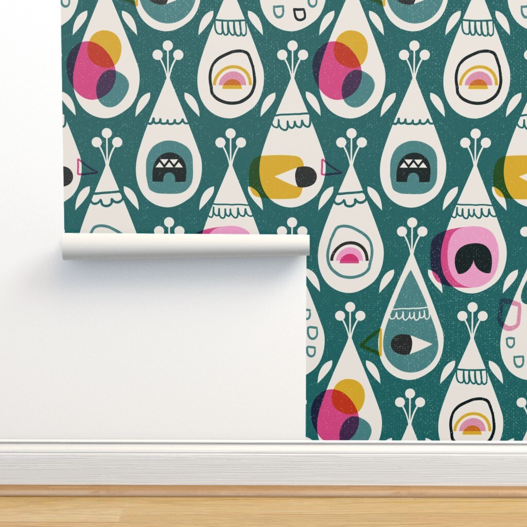 Modern Retro Abstract Mid Century Mod Bird Feather Dark Green Custom Removable Wallpaper by Spoonflower Peel & Stick Wallpaper 2FT Wide