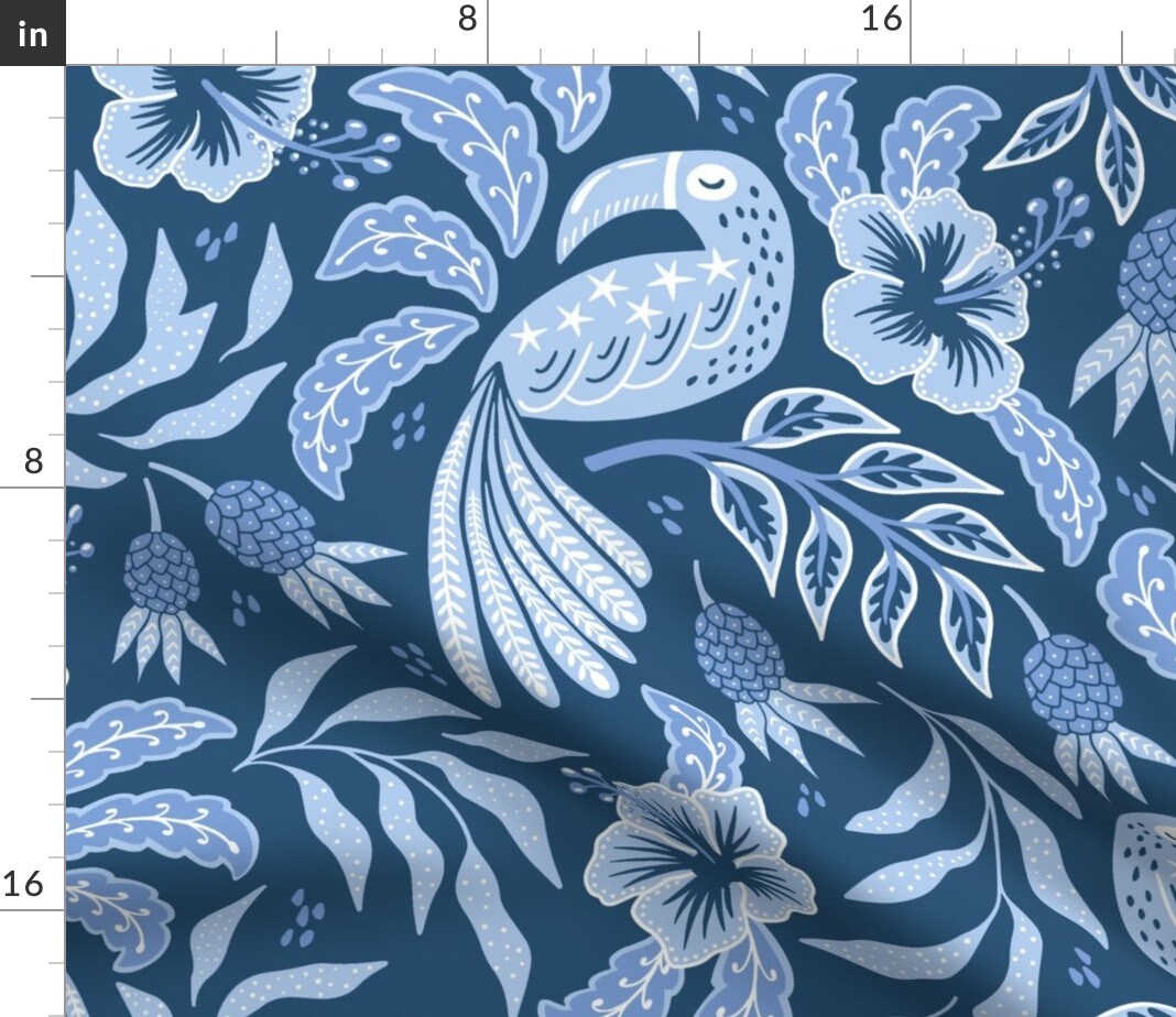Hibiscus Garden Tropical Toucan Pineapple Denim Blue Custom Printed Fabric by Spoonflower Various Fabrics by the Yard or Fat Quarter