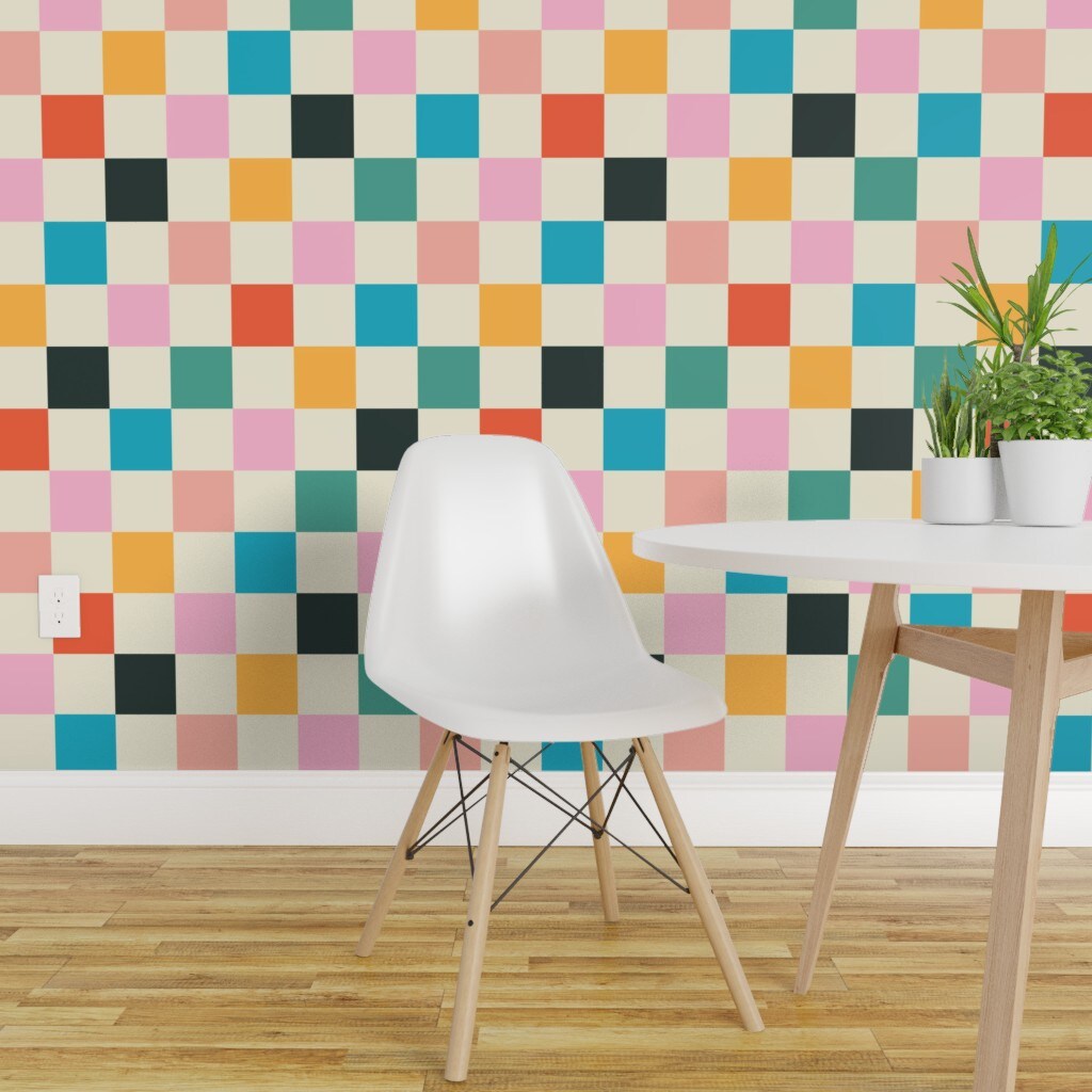 Pre-Pasted Wallpaper 2FT Wide Retro Checkerboard Pink Orange Modern ...