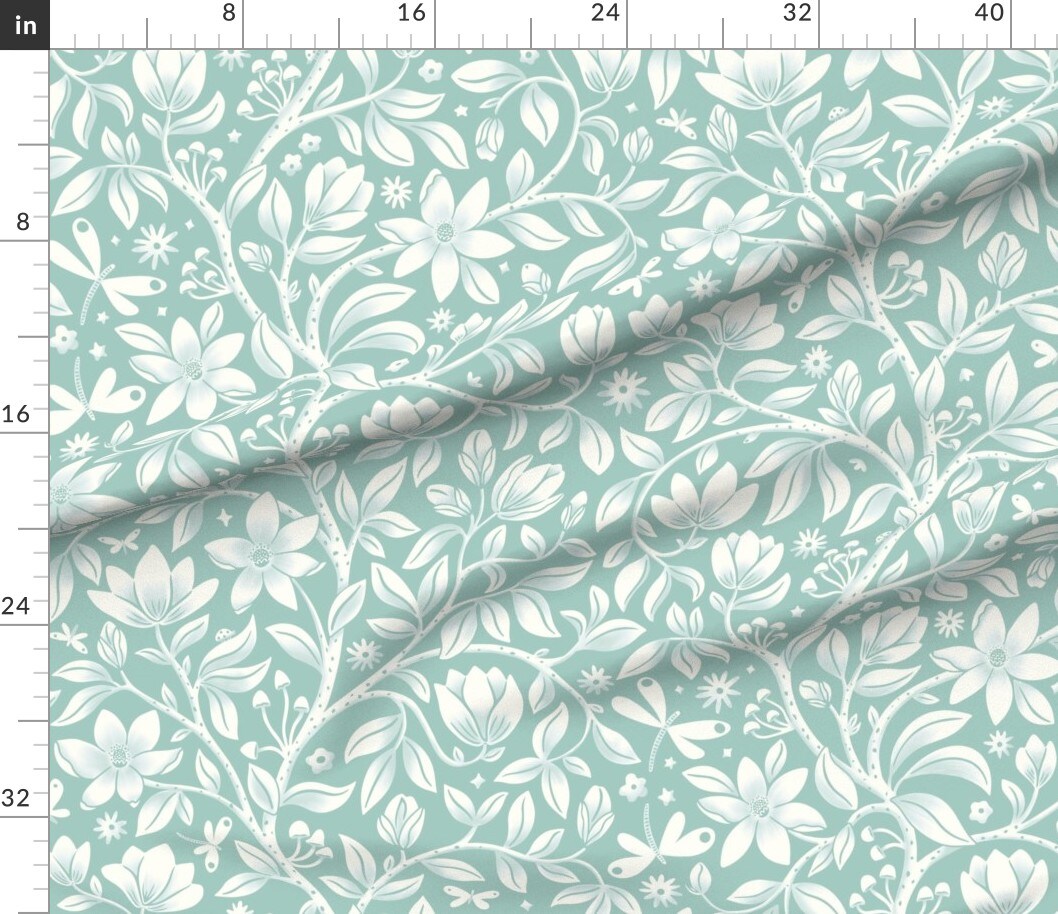 Floral Mint Green Tree Whimsical Plant Dragonflies Magnolia Soft Blue Aqua Large Scale Custom Printed Fabric by Spoonflower Various Fabrics by the Yard or Fat Quarter