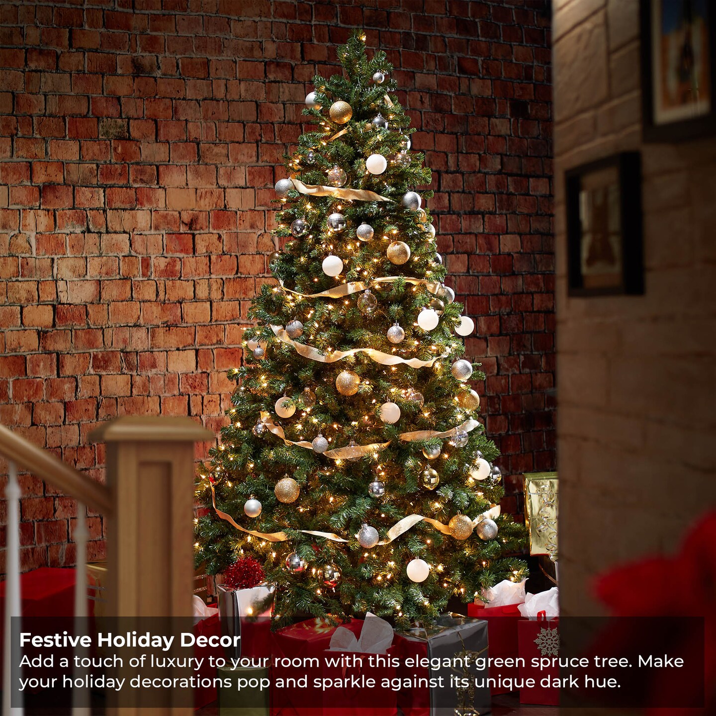 Casafield Realistic Pre-Lit Green Spruce Artificial Holiday Christmas Tree with Sturdy Metal Stand