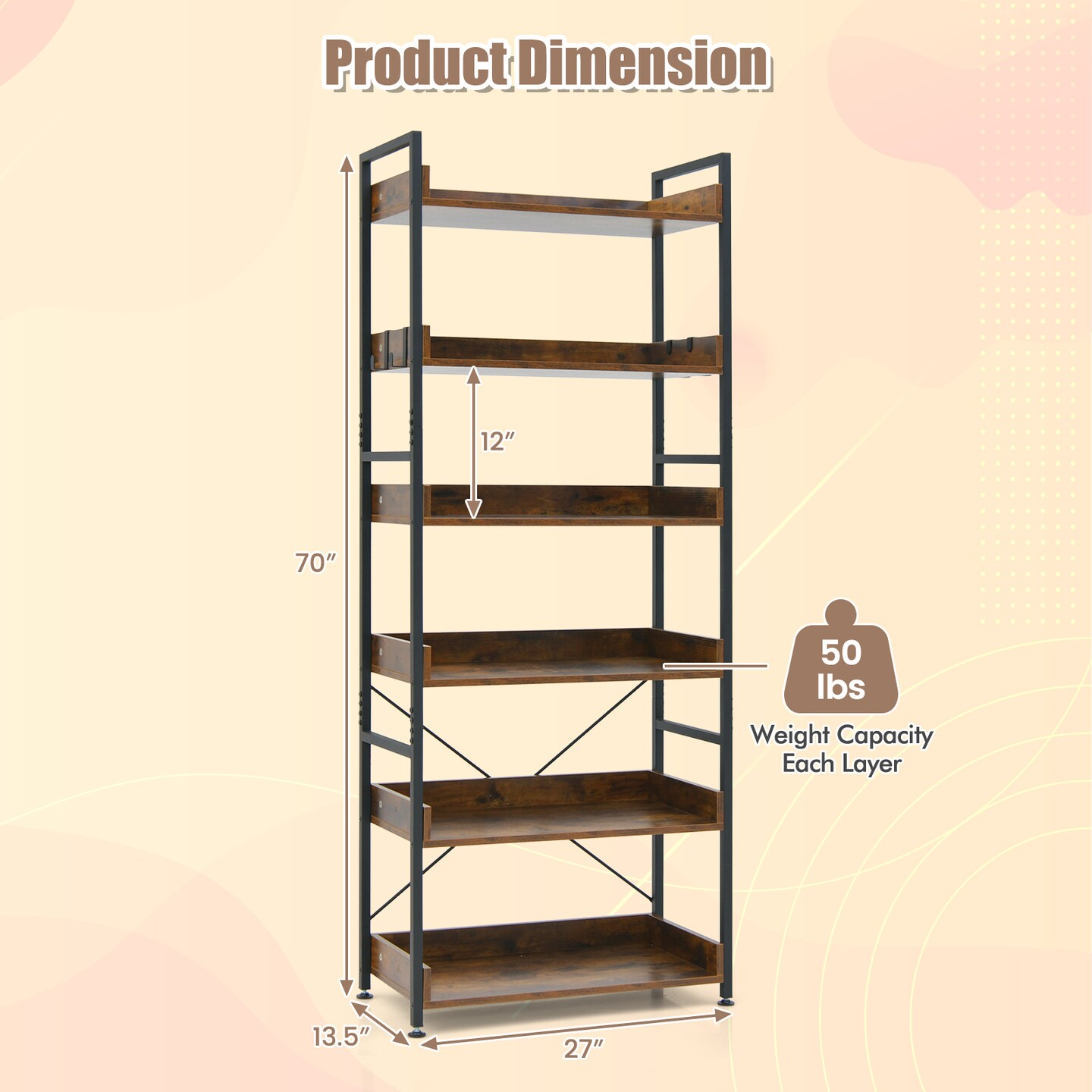 6-tier Tall Industrial Bookcase With Open Shelves And 4 Hooks