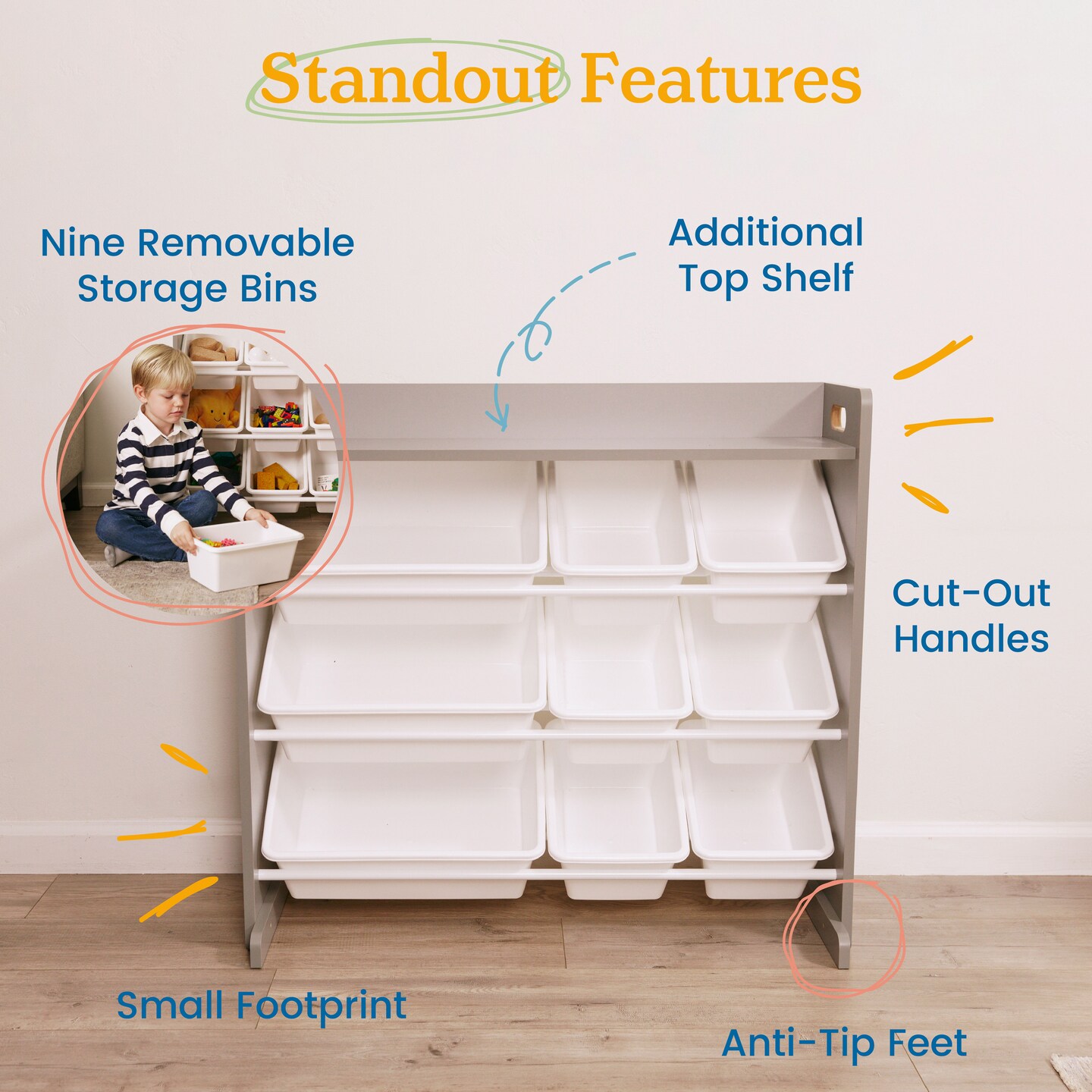 3-Tier Organizer with Shelf and 9 Bins, Toy Storage