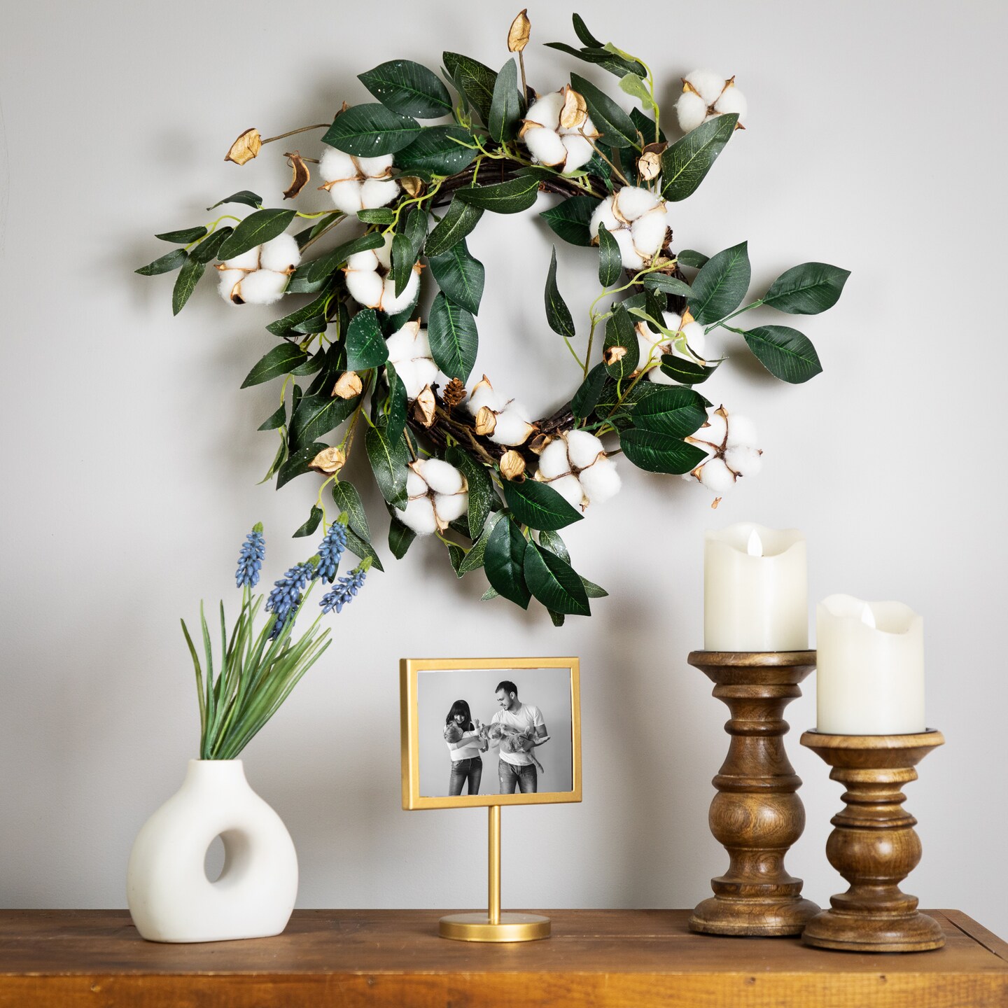 Northlight Cotton Flowers with Foliage Twig Wreath - Thumbnail 4